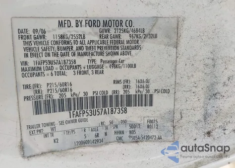 2007 Ford Taurus Se из США, поврежденный, VIN 1FAFP53U57A187358
